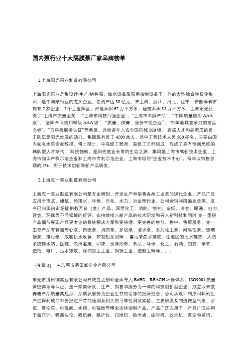 国内泵行业十大隔膜泵厂家品牌榜单