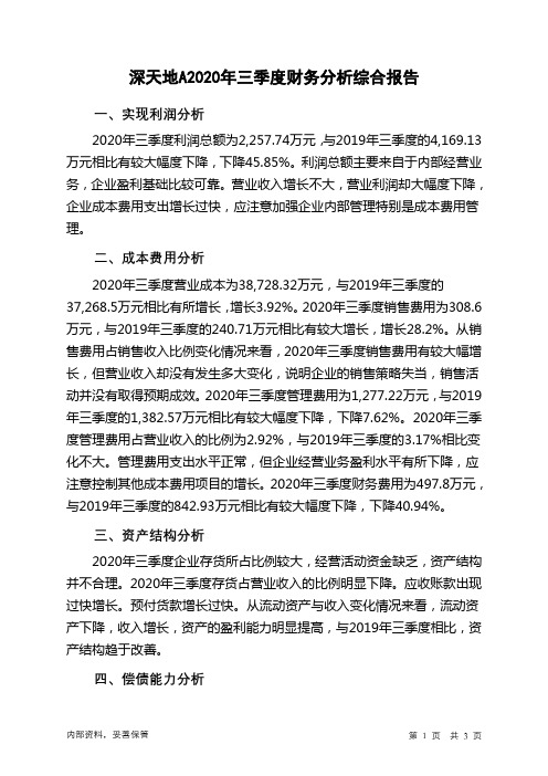 深天地A2020年三季度财务分析结论报告