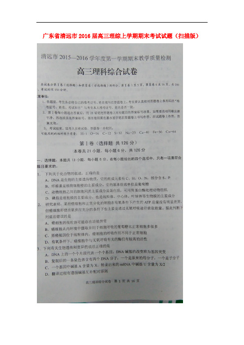 广东省清远市高三理综上学期期末考试试题(扫描版)