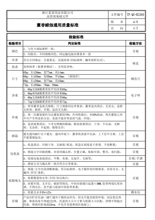 薰香蜡烛通用质量标准