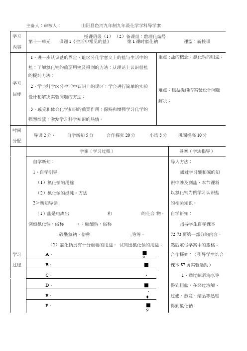 陕西省山阳县色河铺镇初级中学人教版九年级化学下册导学案：111氯化钠.docx