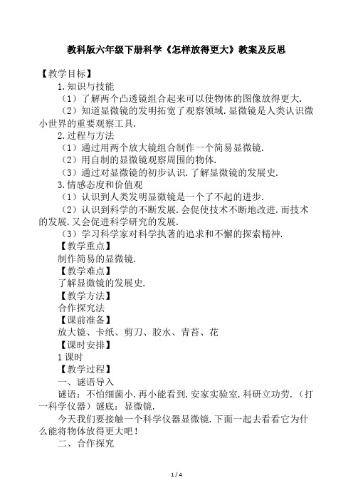 教科版六年级下册科学《怎样放得更大》教案及反思