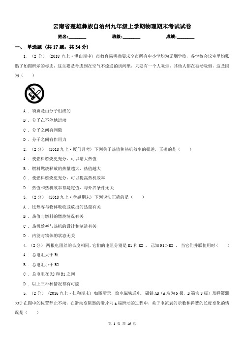 云南省楚雄彝族自治州九年级上学期物理期末考试试卷