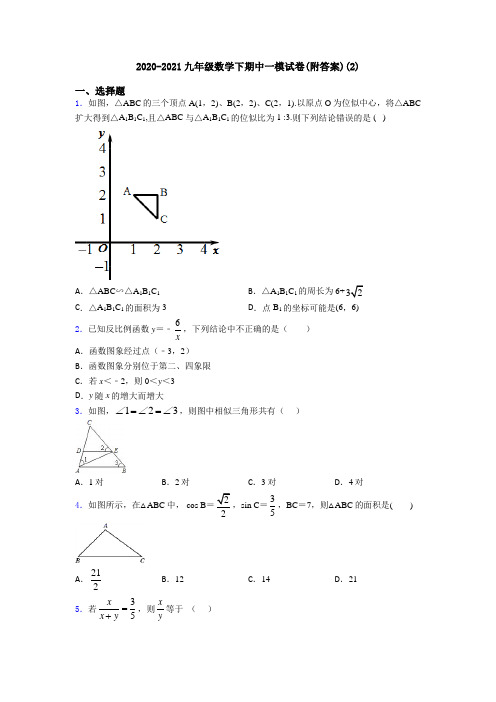2020-2021九年级数学下期中一模试卷(附答案)(2)