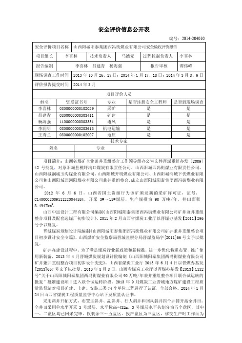 安全评价信息公开表