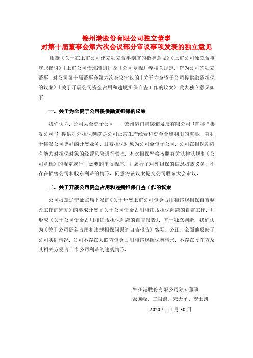 600190锦州港股份有限公司独立董事对第十届董事会第六次会议部分审议2020-12-01