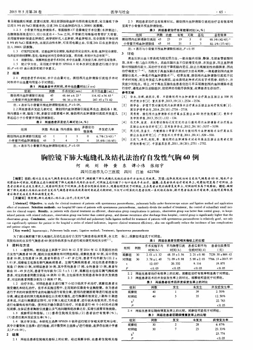 胸腔镜下肺大疱缝扎及结扎法治疗自发性气胸60例