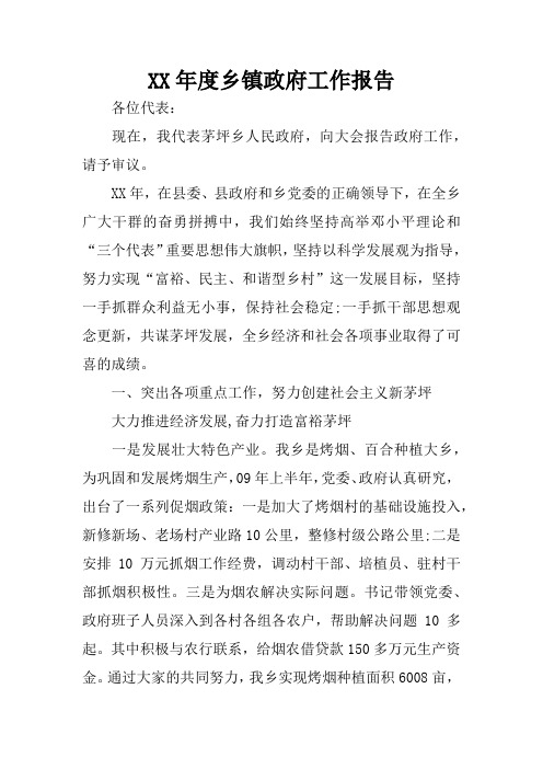 XX年度乡镇政府工作报告