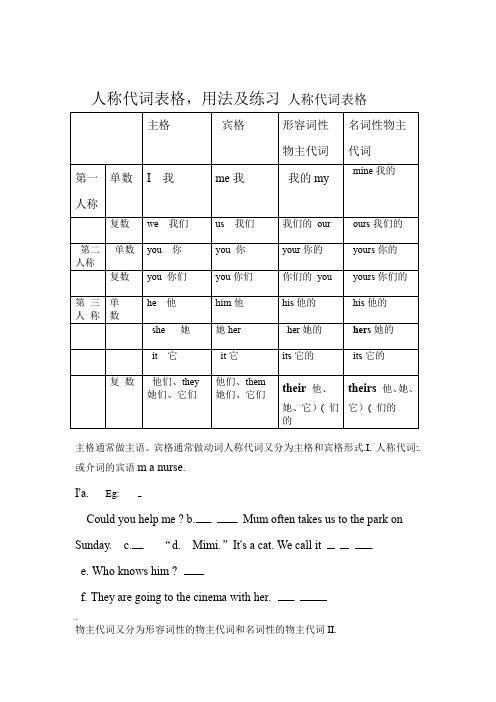 完整word版人称代词表格