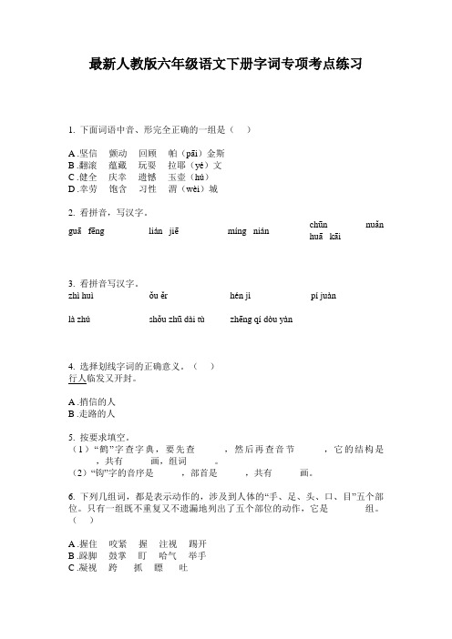 最新人教版六年级语文下册字词专项考点练习