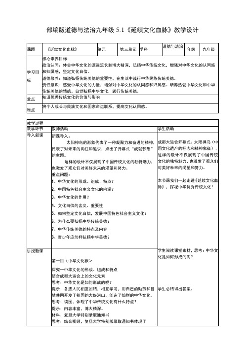 5-1《延续文化血脉》教学设计 统编版道德与法治九年级上册