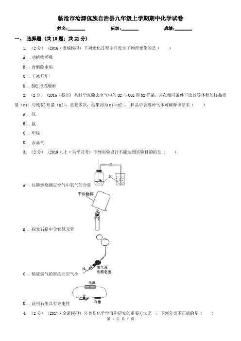 临沧市沧源佤族自治县九年级上学期期中化学试卷