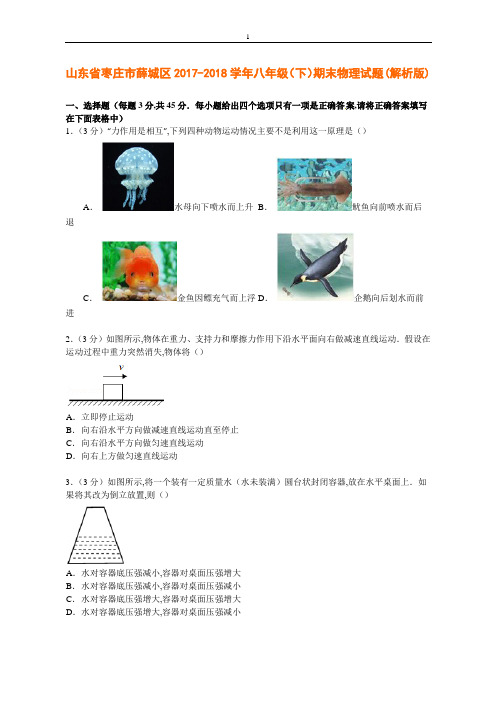 山东省枣庄市薛城区2017-2018学年八年级(下)期末物理试题(解析版)