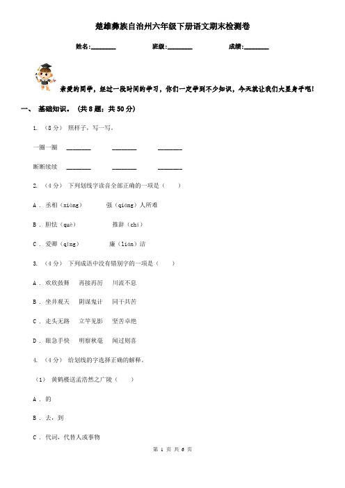 楚雄彝族自治州六年级下册语文期末检测卷