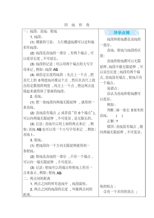 冀教版四年级数学上册第四单元《线和角》知识点汇总
