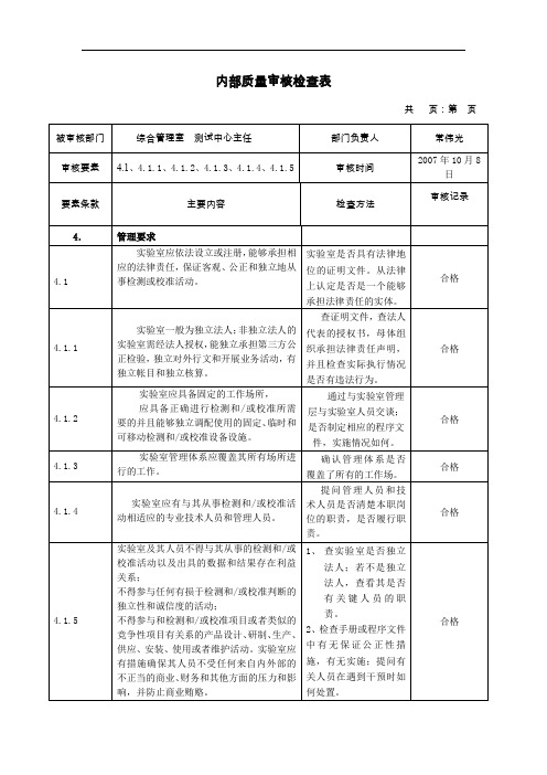 内部质量审核检查表格