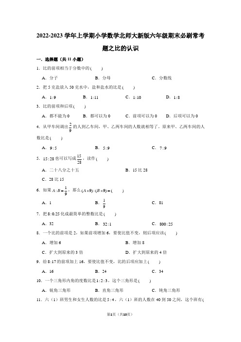 2022-2023学年上学期小学数学北师大新版六年级期末必刷常考题之比的认识