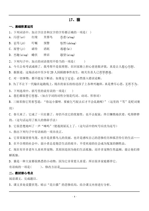 第17课《猫》同步练习++2024-2025学年统编版语文七年级上册