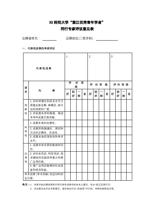 师范大学“紫江优秀青年学者”同行专家评议意见表【模板】