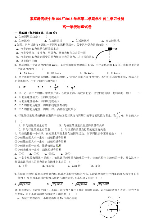 江苏省张家港高级中学2015-2016学年高一物理下学期自主学习检测试题(无答案)