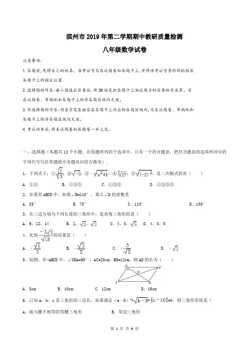 山东省滨州市2019年第二学期期中考试卷 八年级数学试题(含答案)