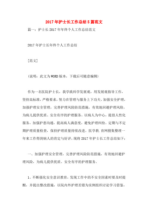 2017年护士长工作总结5篇范文