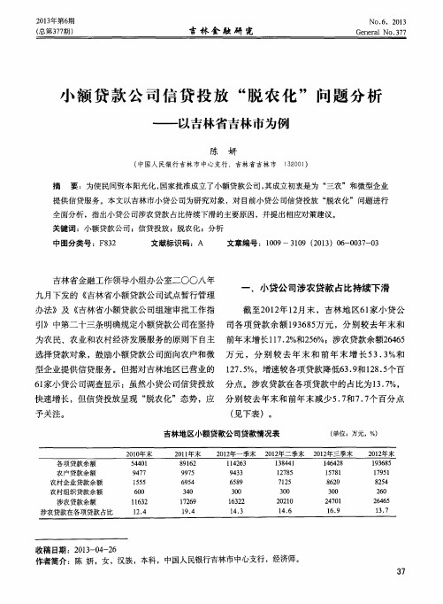 小额贷款公司信贷投放“脱农化”问题分析——以吉林省吉林市为例