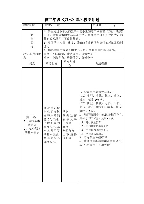 高二体育与健康刀术单元计划