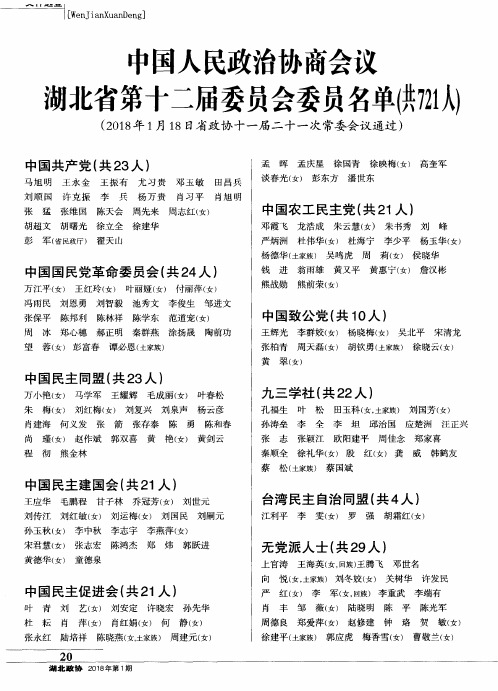 中国人民政治协商会议湖北省第十二届委员会委员名单(共721人)