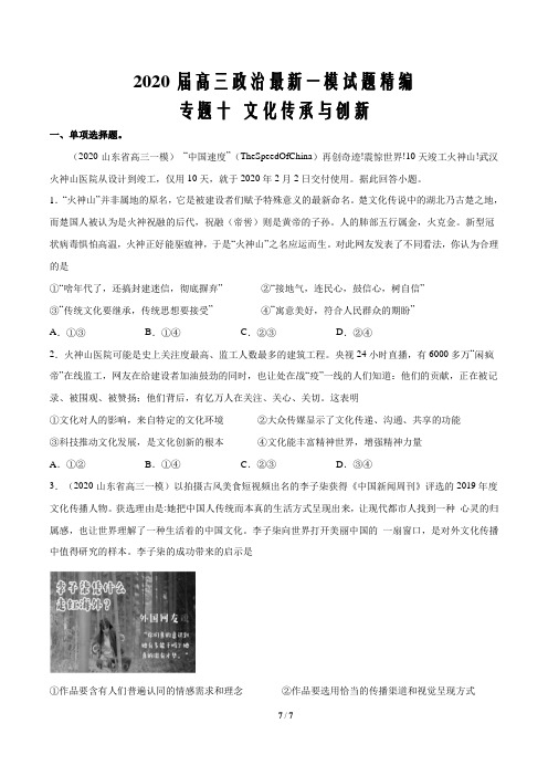 2020届高三政治最新一模试题精编(山东专版)专题10 文化传承与创新(原卷版)