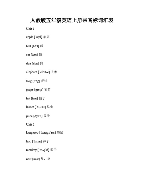 人教版五年级英语上册带音标词汇表