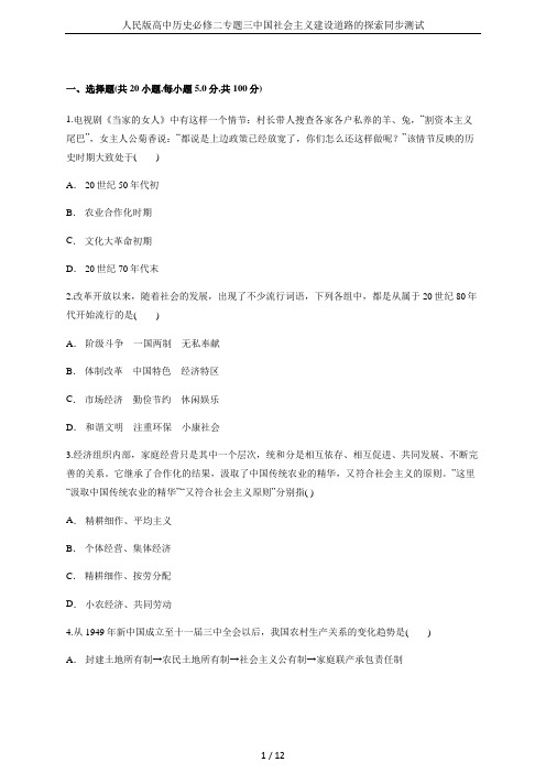 人民版高中历史必修二专题三中国社会主义建设道路的探索同步测试