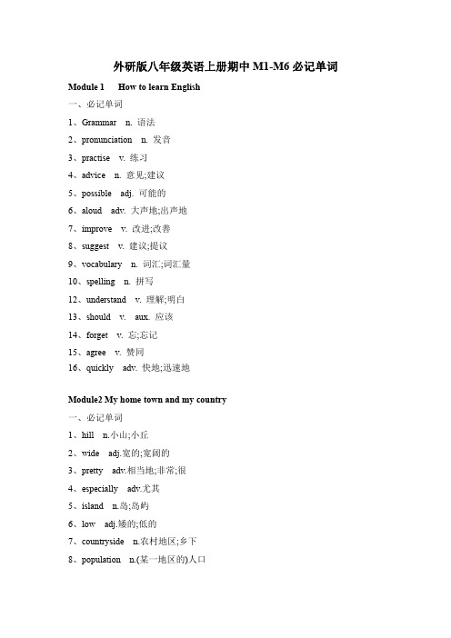 外研版八年级上册期中M1-M6必记词汇积累