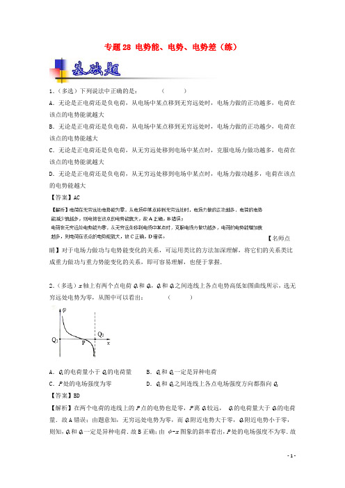 高考物理一轮复习 专题28 电势能、电势、电势差(练)(