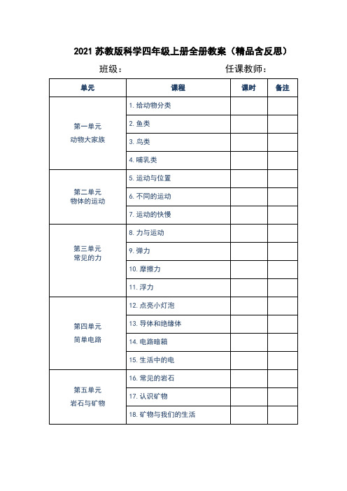 2021苏教版科学四年级上册全册教案(含反思)