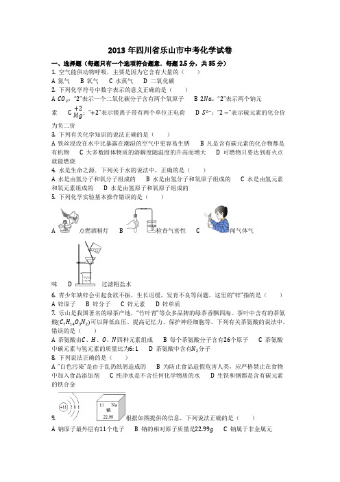 2013年四川省乐山市中考化学试卷(化学中考真题含答案)