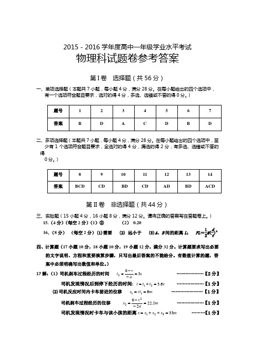 2015-2016高一级学业水平考试物理参考答案