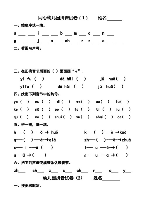 同心幼儿园大班拼音试卷练习