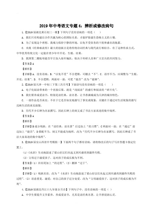 2019年中考语文模拟卷分类汇编(04)辨析或修改病句(含答案)