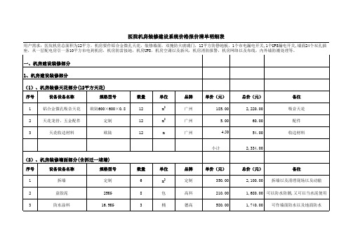 医院机房装修建设系统价格报价清单明细表