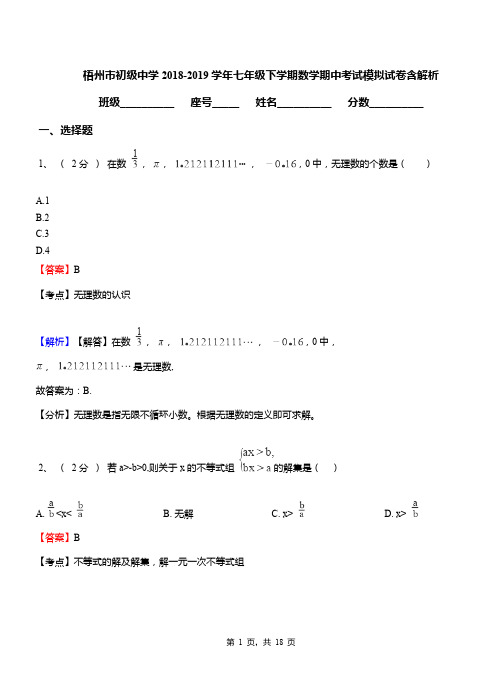 梧州市初级中学2018-2019学年七年级下学期数学期中考试模拟试卷含解析