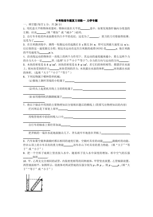 中考物理专题复习训练一力学专题及答案