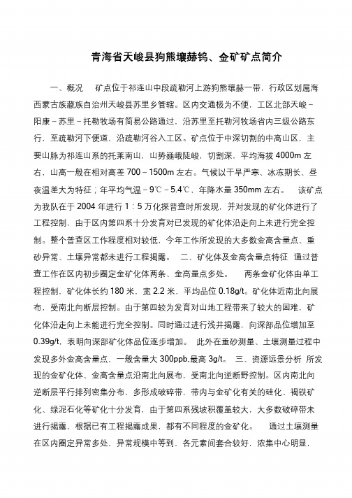 青海省天峻县狗熊壤赫钨、金矿矿点简介