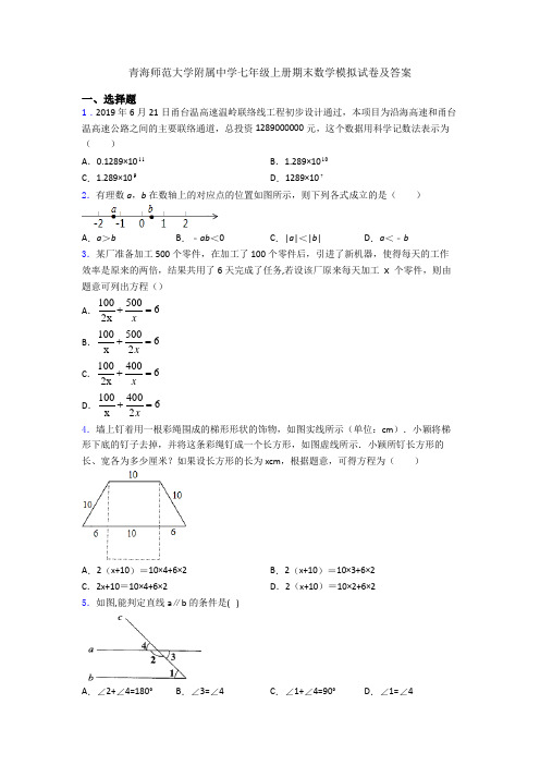 青海师范大学附属中学七年级上册期末数学模拟试卷及答案