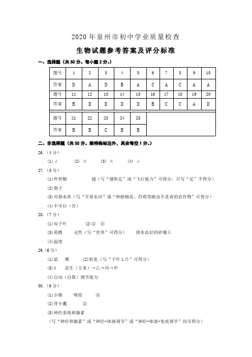 2020年福建省泉州市初中学业质量检查生物试题参考答案及评分标准
