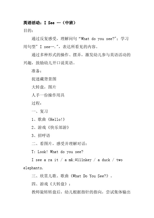 英语活动I See …中班教案