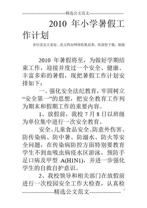 2010年小学暑假工作计划