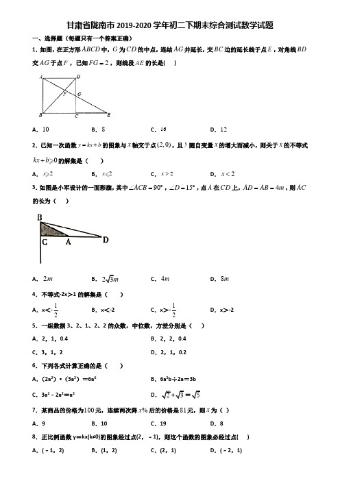 甘肃省陇南市2019-2020学年初二下期末综合测试数学试题含解析