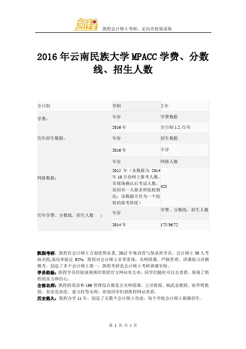 2016年云南民族大学MPACC学费、分数线、招生人数