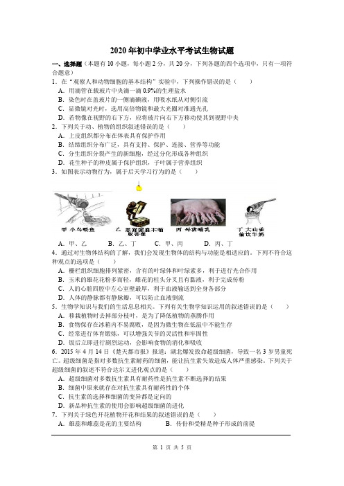 2020年初中生物学业考试试题(word含答案) (1)
